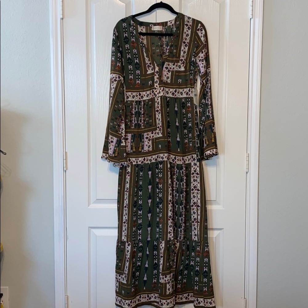 Altar'd State Olive Green and Cream Maxi Dress